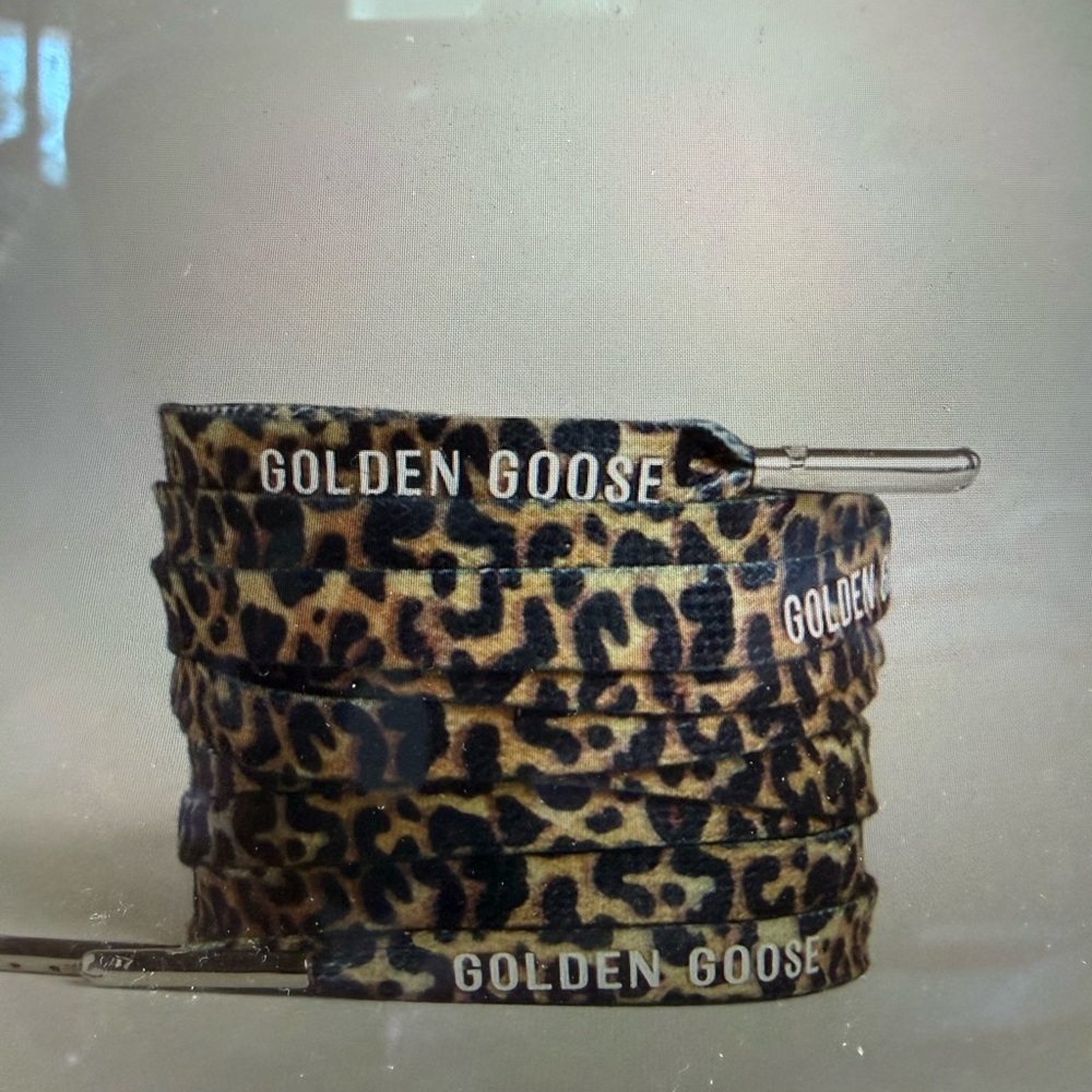 Golden Goose Beige leopard-print laces with contrasting white logo. 110cm.